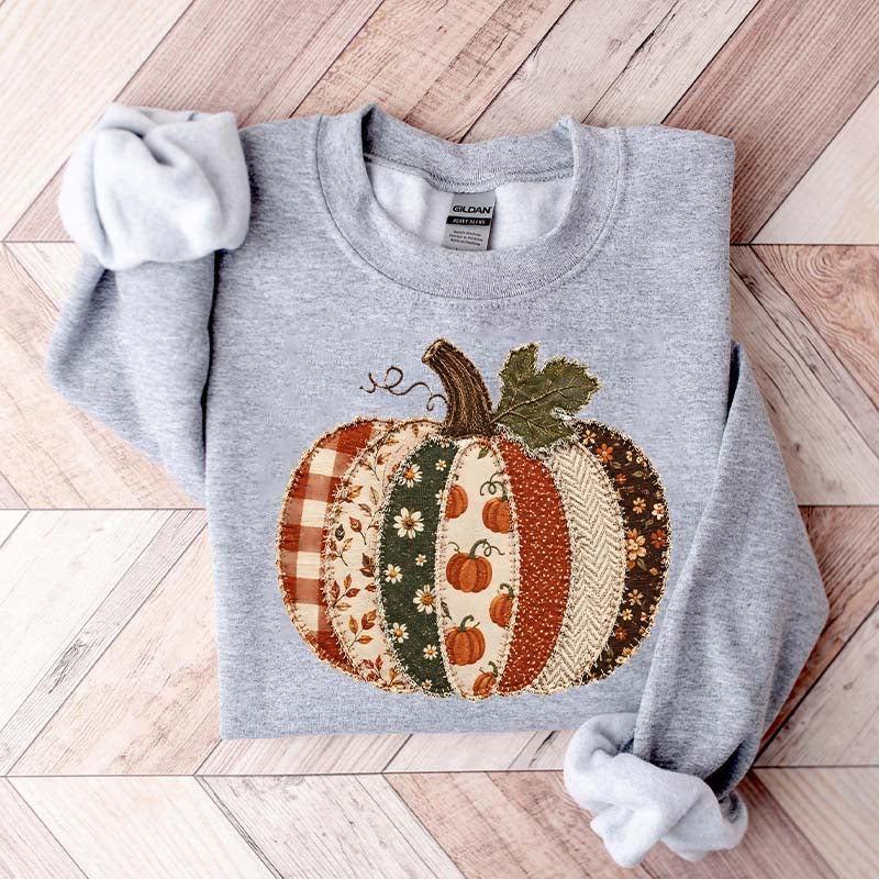 Faux Patchwork Fall Pumpkin Printed Sweatshirt