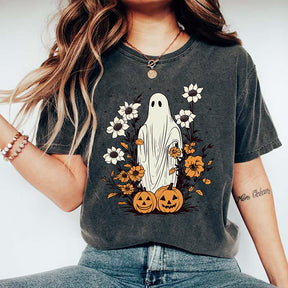 Retro Floral Ghost Vintage Pumpkin T-Shirt