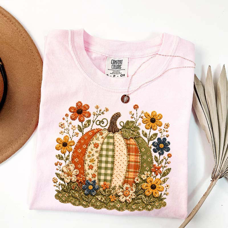 Faux Patchwork Floral Pumpkin T-Shirt