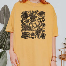 Linocut Books and Flowers T-Shirt