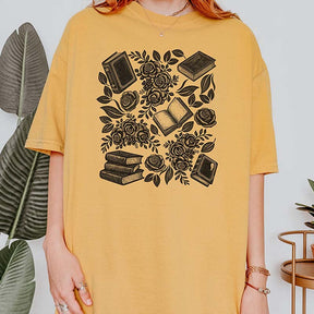 Linocut Books and Flowers T-Shirt