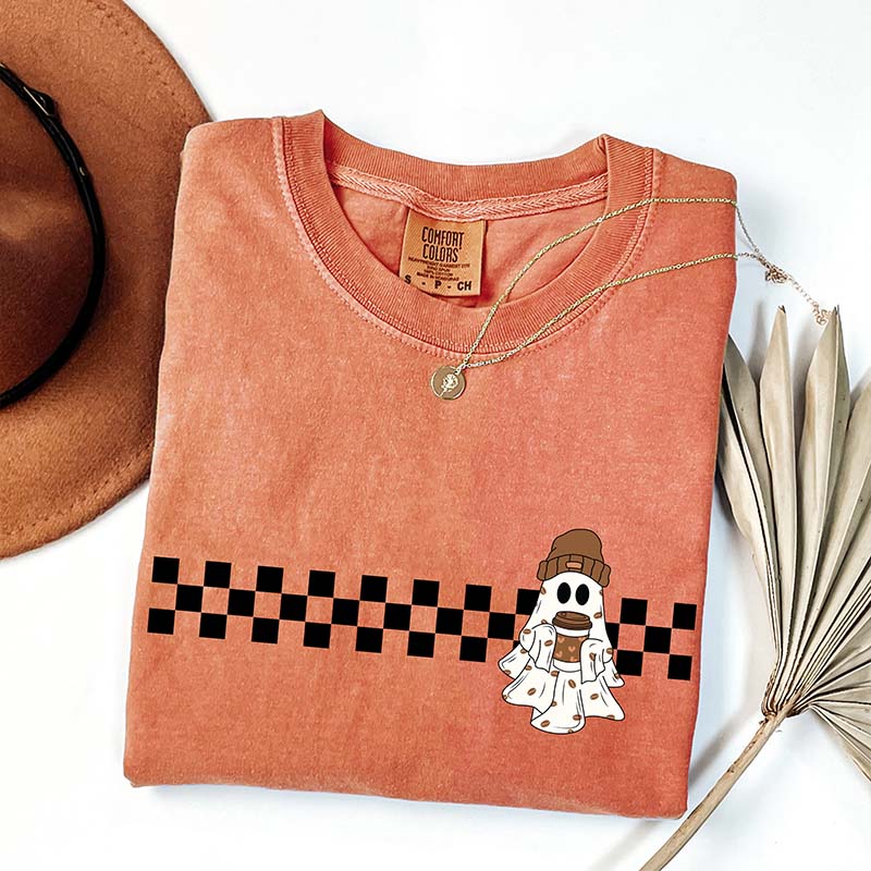 Comfort Colors Cute Ghost Coffee Checkered T-Shirt