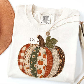 Faux Patchwork Fall Pumpkin Printed T-Shirt