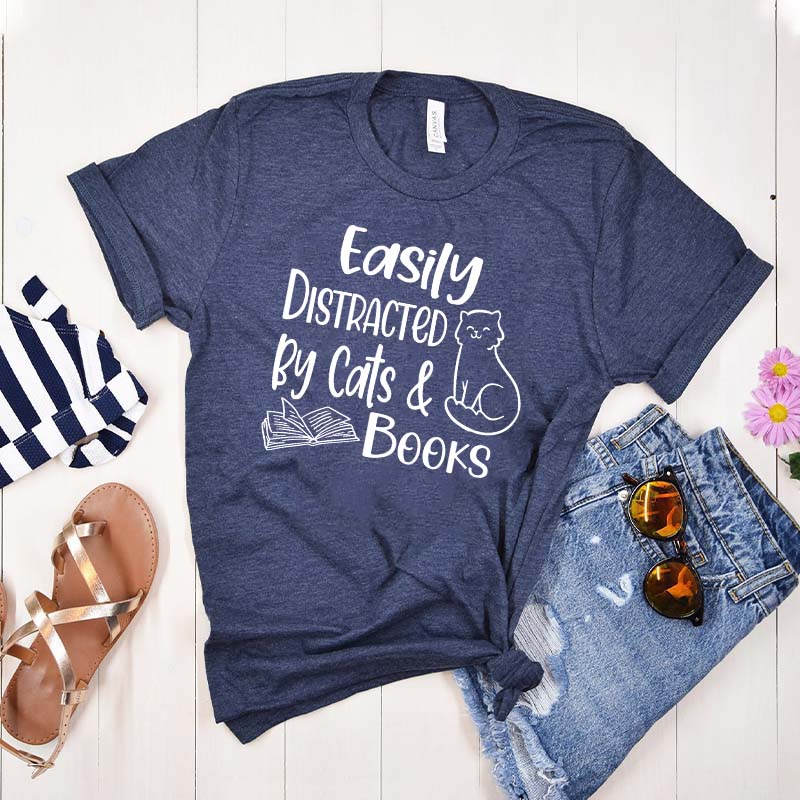 Easily Distracted Cats and Books T-Shirt