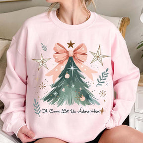 Oh Come Let Us Adore Him Bow Christmas Tree Sweatshirt