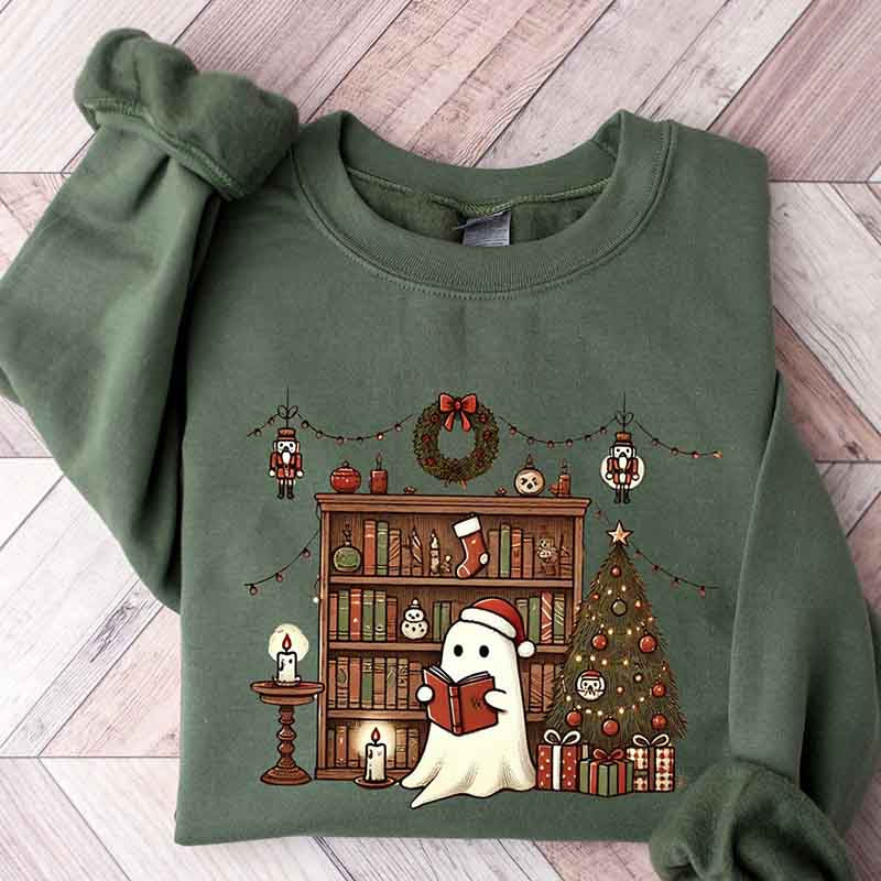 Retro Christmas Ghost Reading Books Sweatshirt,