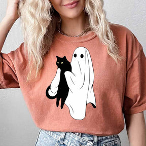 Ghost Holding Black Cat Halloween T-Shirt