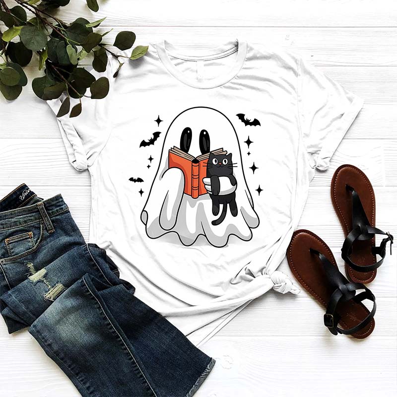 Bookish Ghost Cute Spooky Reading Cat T-Shirt