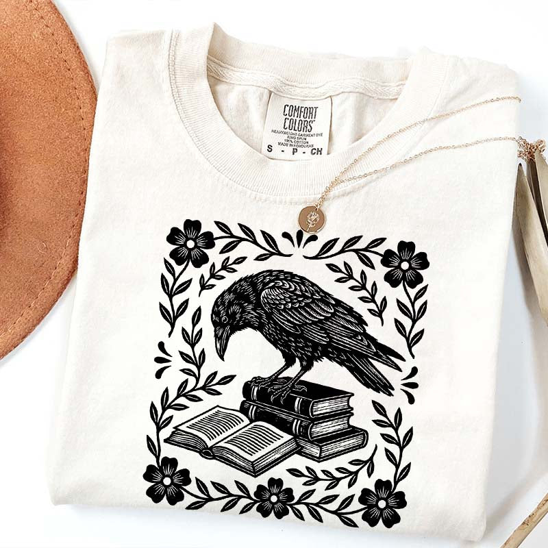 Retro Bookish Raven Linocut T-Shirt