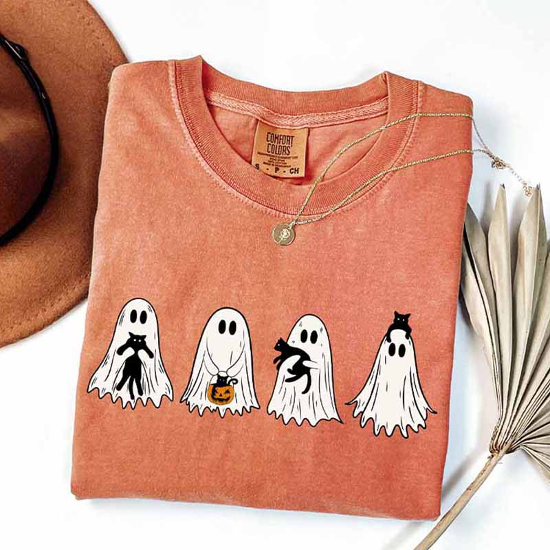 Cute Ghost Black Cats Halloween Spooky Season T-Shirt