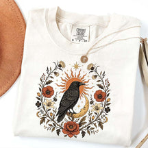 Retro Sun Crow Gothic Raven Celestial Moon Floral T-Shirt