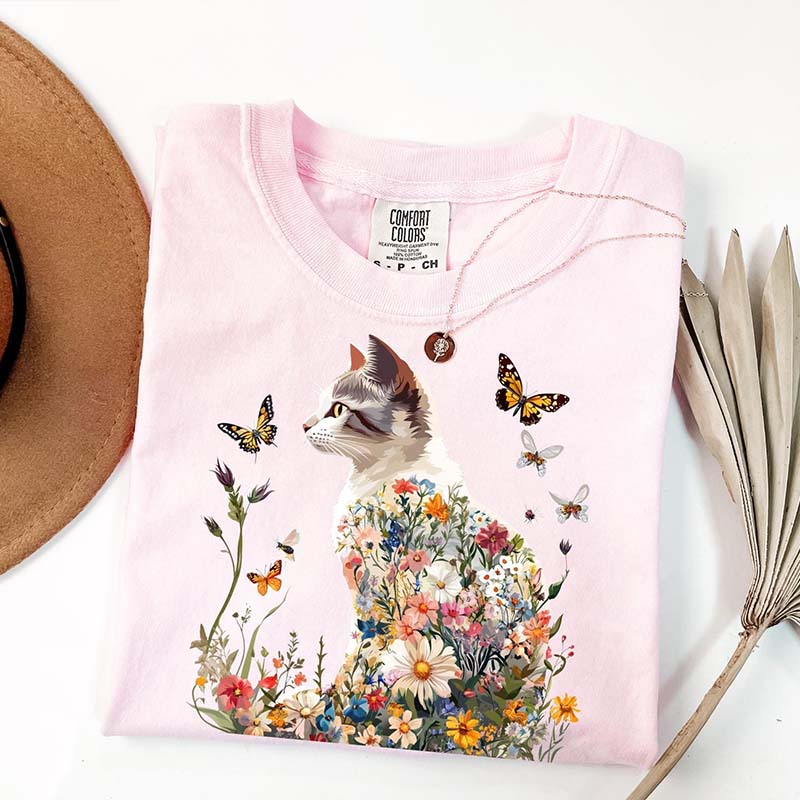 Floral Cat Wildflowers Whimsical T-Shirt