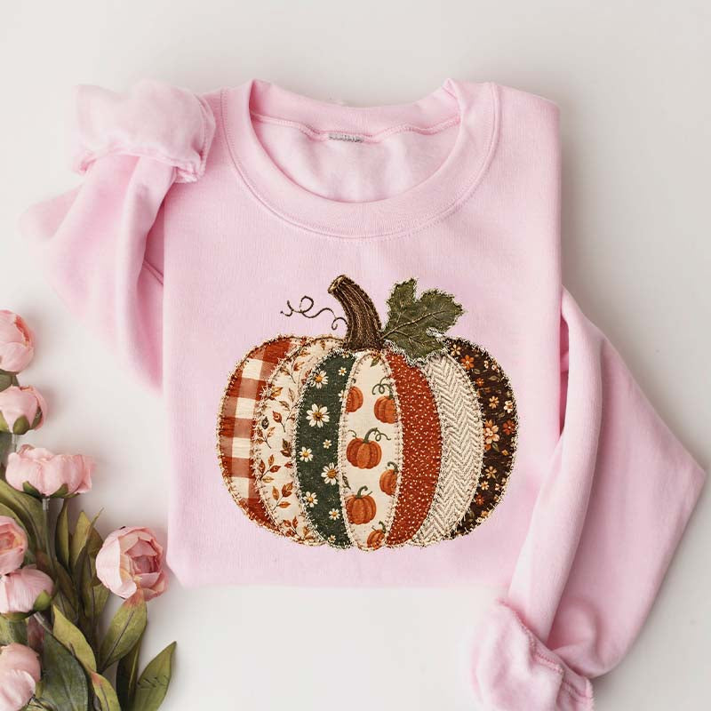 Faux Patchwork Fall Pumpkin Printed Sweatshirt