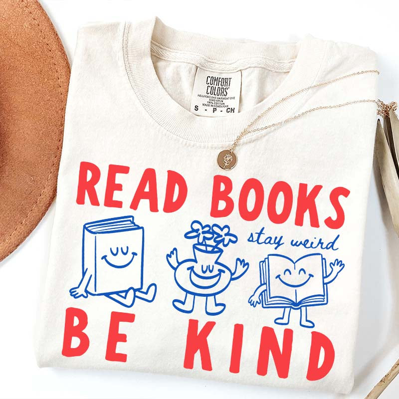 Read Books Be Kind Stay Weird Retro Doodle T-Shirt