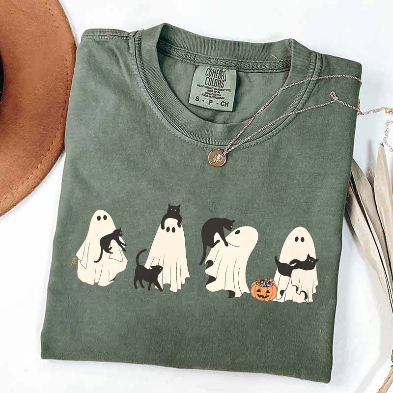 Halloween Black Cat & Ghost Women T-Shirt