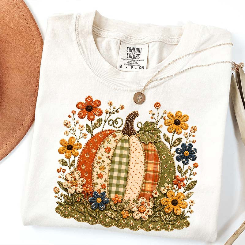 Faux Patchwork Floral Pumpkin T-Shirt