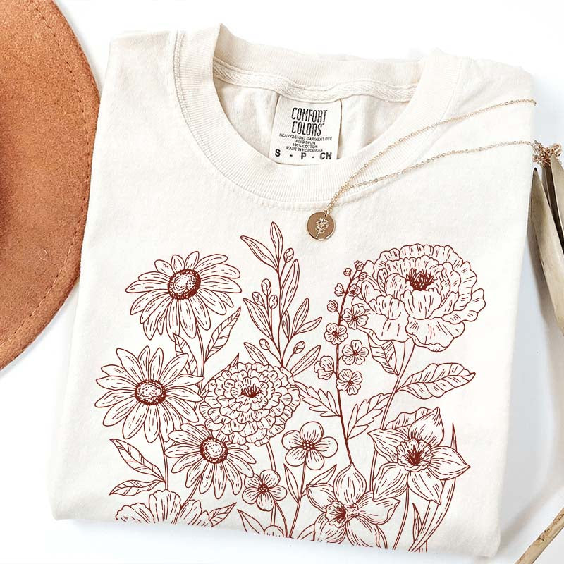 Vintage Pressed Flowers Minimalist Line T-Shirt