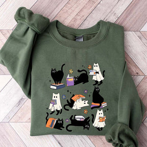 Ghost Black Cat Reading Books Sweatshirt