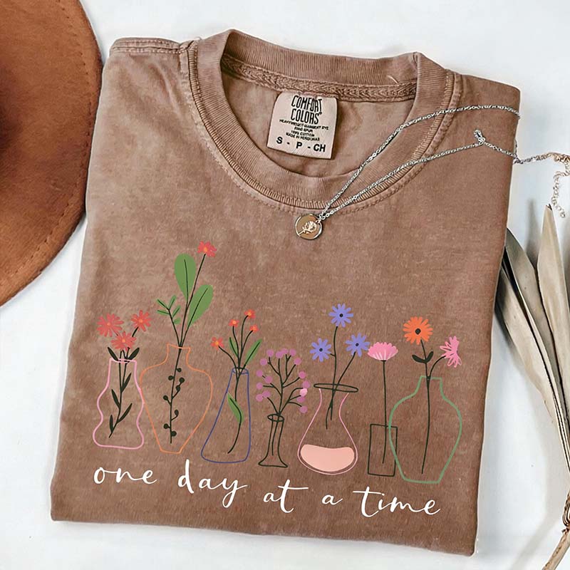 One Day At a Time Motivational  Floral T-Shirt