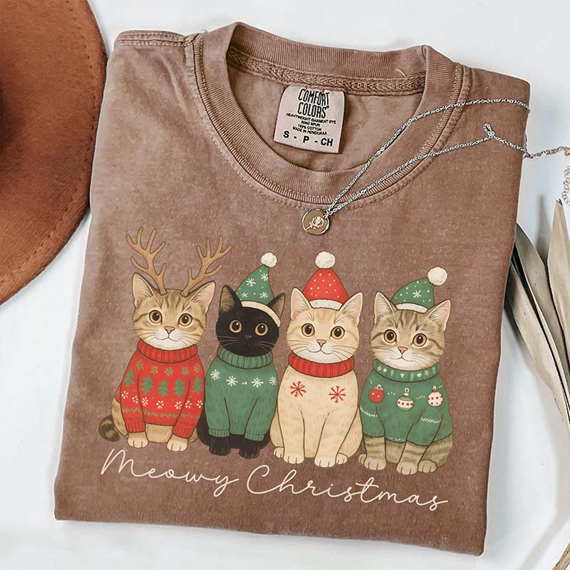 Christmas Cat Meowy Christmas Santa Hat T-Shirt