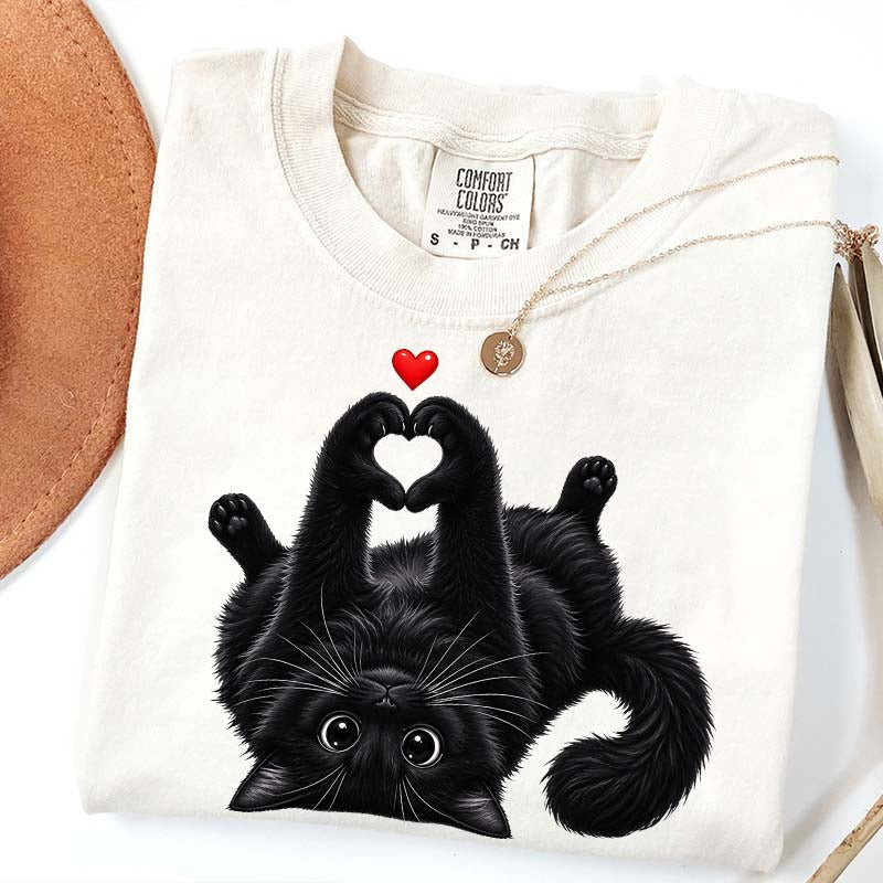Cute Black Cat Heart Paws T-Shirt