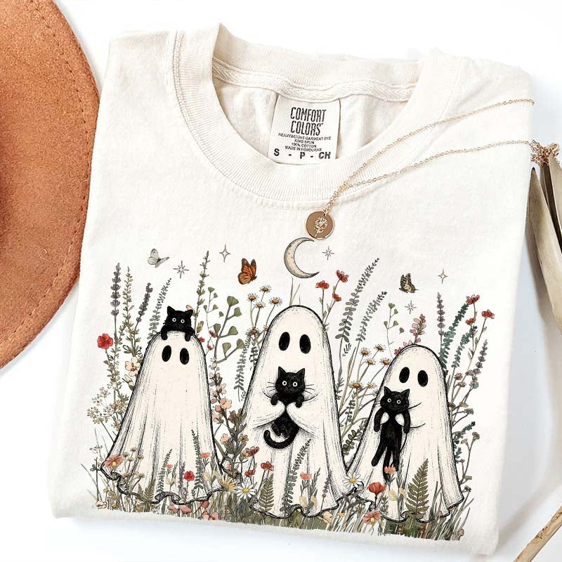 Vintage Whimsical Ghost Black Cat T-Shirt