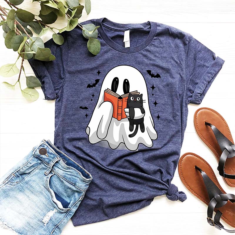Bookish Ghost Cute Spooky Reading Cat T-Shirt