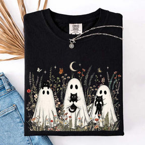 Vintage Whimsical Ghost Black Cat T-Shirt