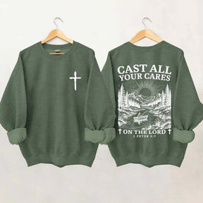 Cast All Your Cares Lord 1 Peter 5:7 Nature River Fishing Boat Sweatshirt