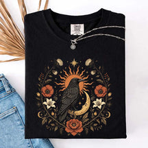 Retro Sun Crow Gothic Raven Celestial Moon Floral T-Shirt