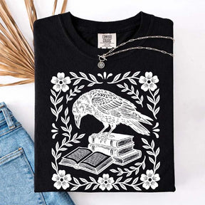 Retro Bookish Raven Linocut T-Shirt