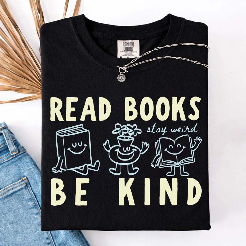 Read Books Be Kind Stay Weird Retro Doodle T-Shirt