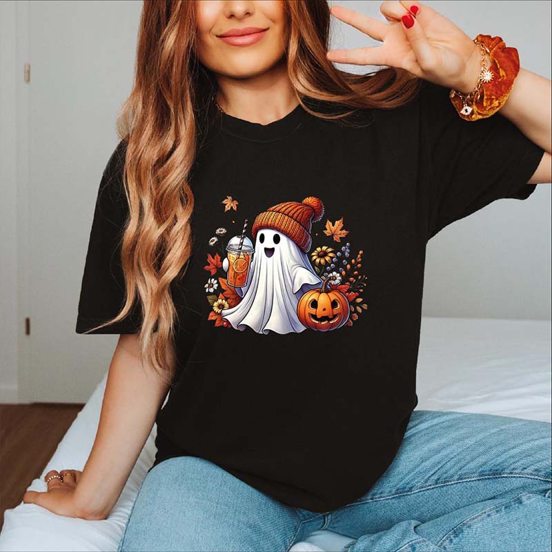 Halloween Ghost Coffee Pumpkin Flower T-Shirt