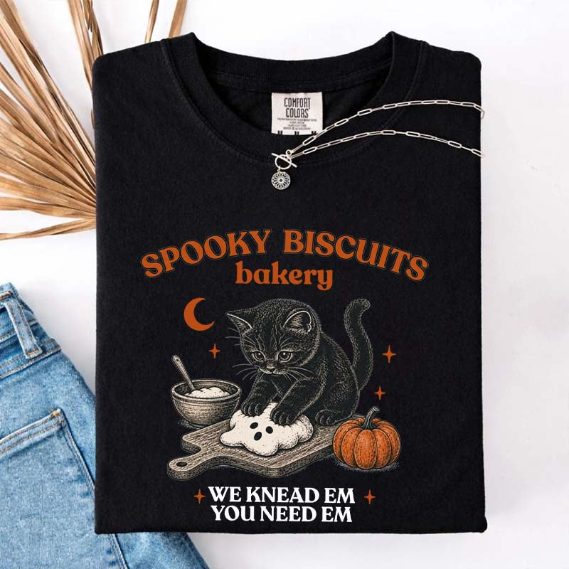 Kitty Biscuits Spooky Season Black Cat Halloween T-Shirt