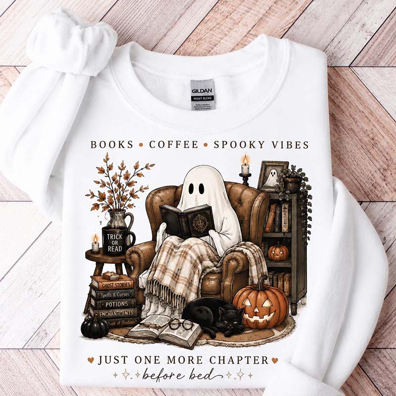 Cozy Ghost Reading Halloween Graphic Sweatshirt