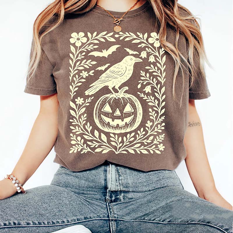 Halloween Crow Pumpkin Floral T-Shirt