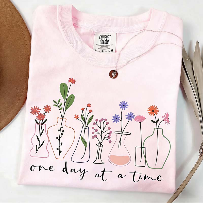 One Day At a Time Motivational  Floral T-Shirt