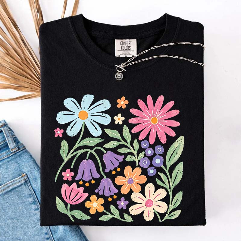 Retro Floral Vintage Folk Art Flower Boho Pink Flowers T-Shirt