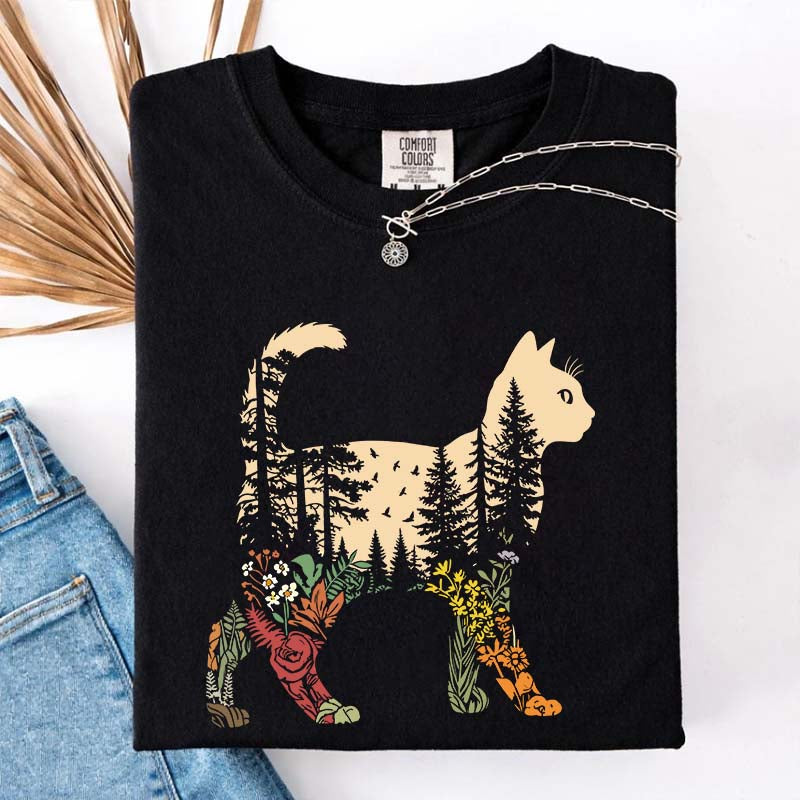 Boho Cat Plants Nature Trees Wild Flowers T-Shirt