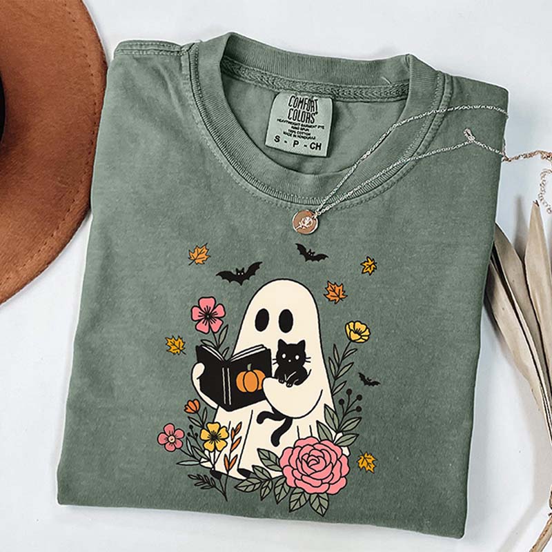 Ghost Reading Book and Black Cat T-Shirt