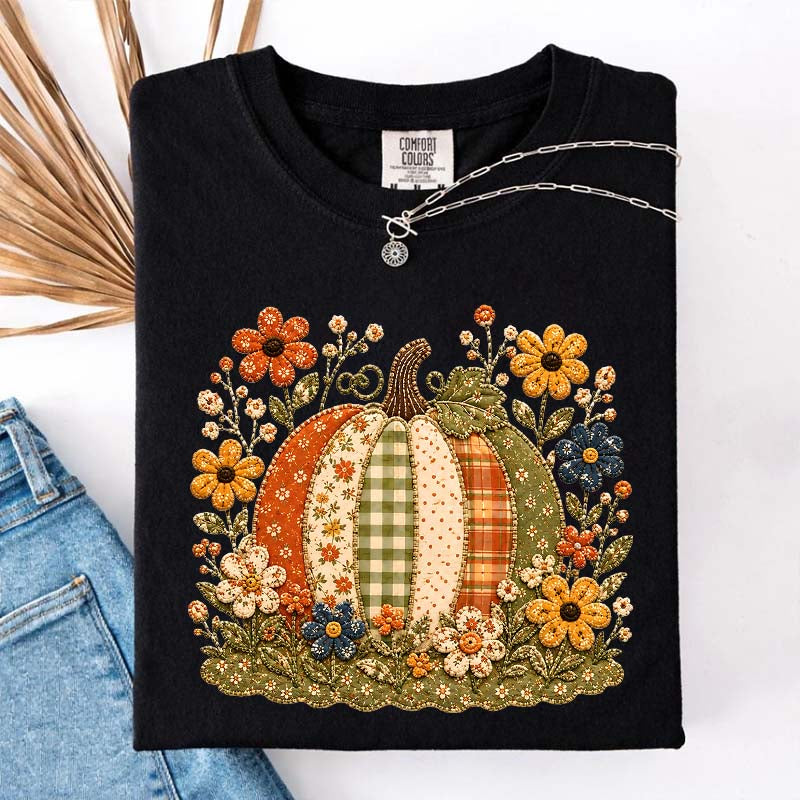 Faux Patchwork Floral Pumpkin T-Shirt