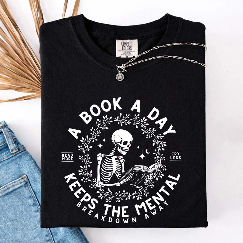 A Book a Day Skeleton Floral T-Shirt