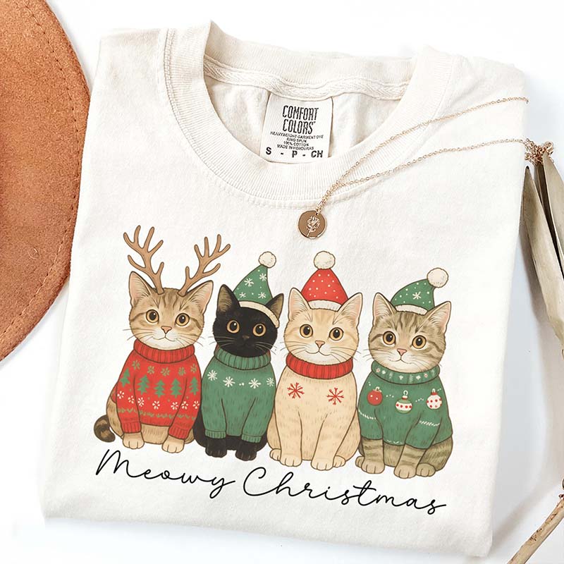 Christmas Cat Meowy Christmas Santa Hat T-Shirt