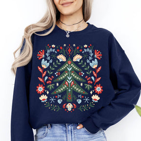 Classic Floral Christmas Tree Folk Art Sweatshirt