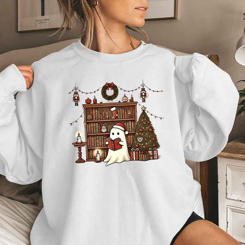 Retro Christmas Ghost Reading Books Sweatshirt,