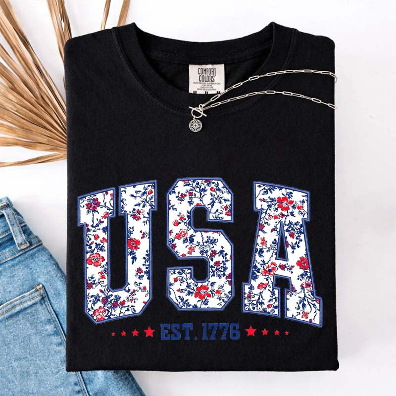 Flower USA Floral Patriotic T-Shirt