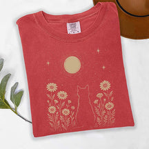 Minimalist Cat Moon Night Sky Floral T-Shirt