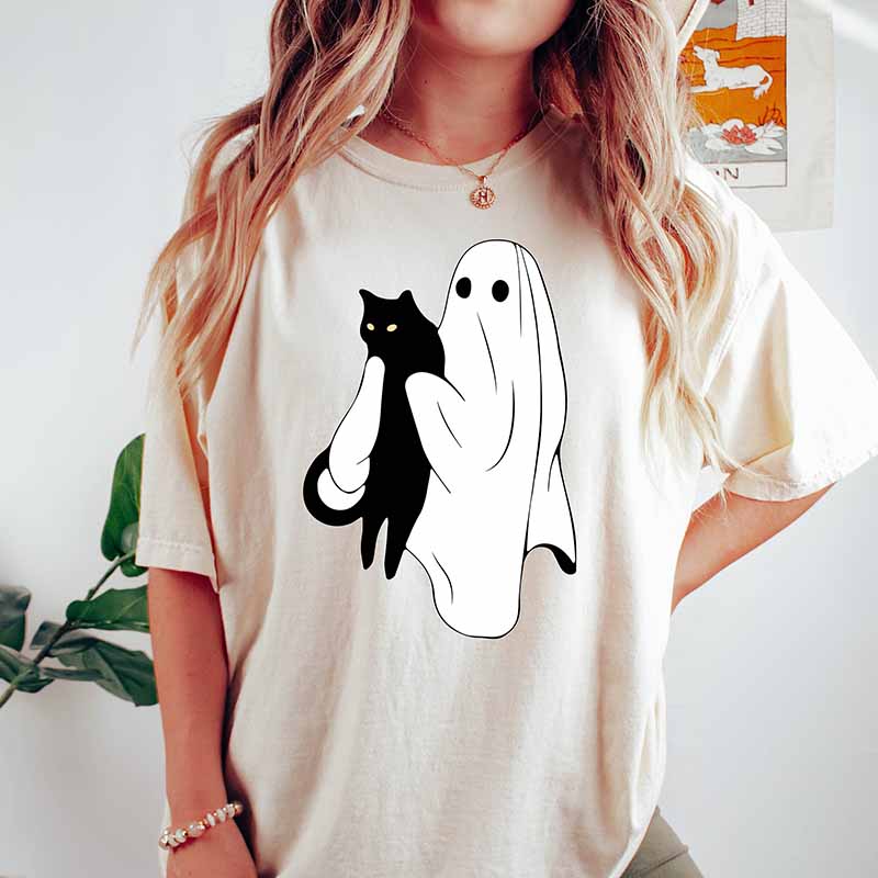 Ghost Holding Black Cat Halloween T-Shirt