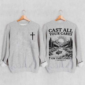 Cast All Your Cares Lord 1 Peter 5:7 Nature River Fishing Boat Sweatshirt