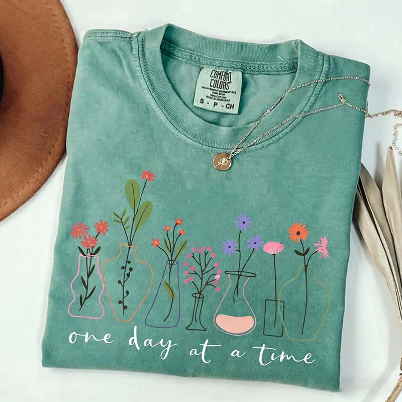 One Day At a Time Motivational  Floral T-Shirt